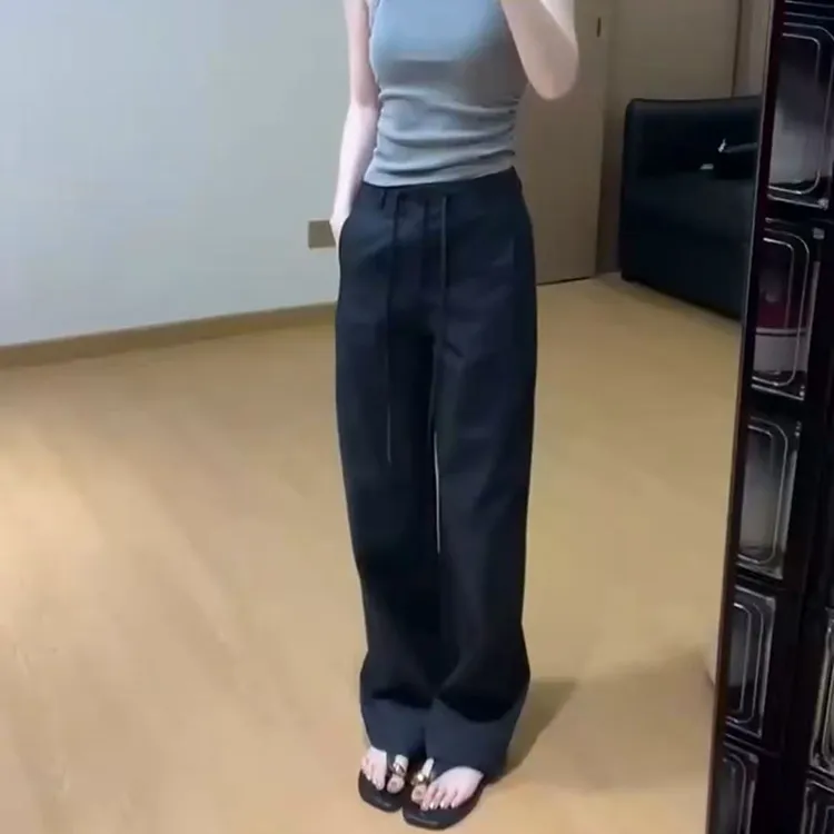 窄版直筒休闲裤女2025秋季新款大码洋气百搭显瘦抽绳阔腿拖地裤子