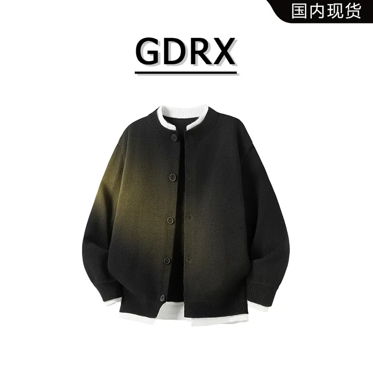 GDRX美式复古假两件开衫毛衣2025秋季慵懒风宽松男款针织上衣外套