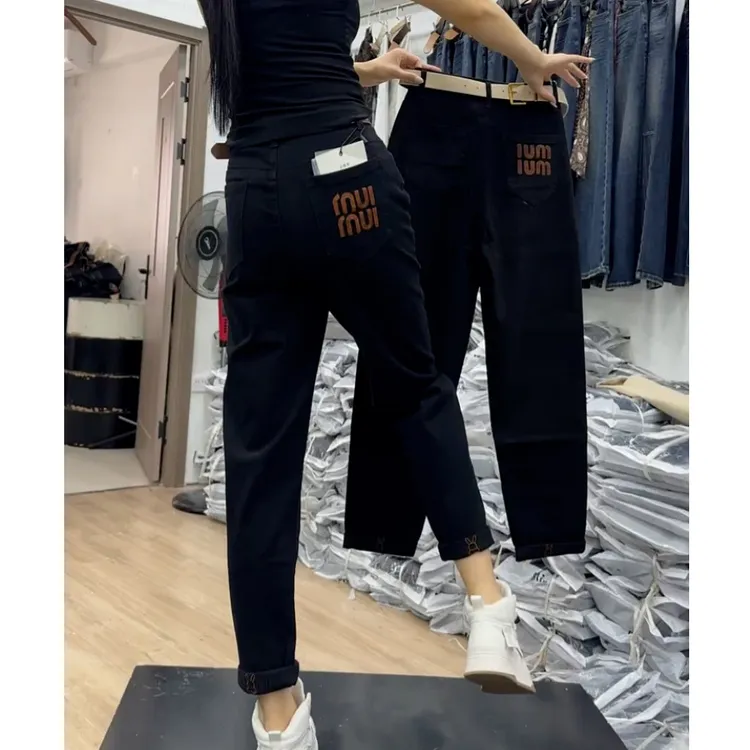 春秋爆品弹力刺绣水洗牛仔裤女高腰挽脚九分老爹裤洋气百搭哈伦裤