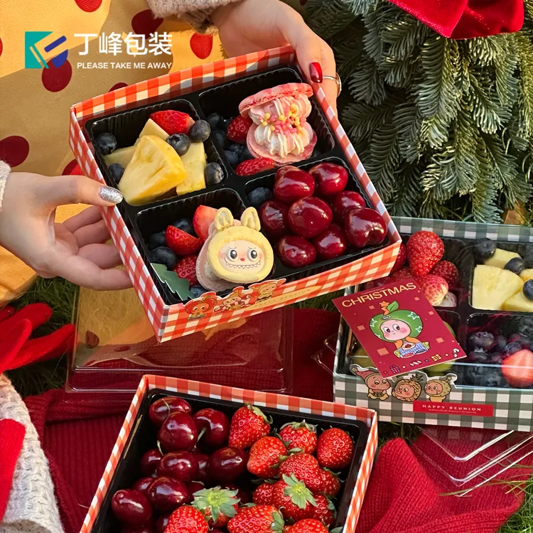 丁峰包装·红绿配色果切盒 单双拼网红创意水果一次性透明盖打包盒