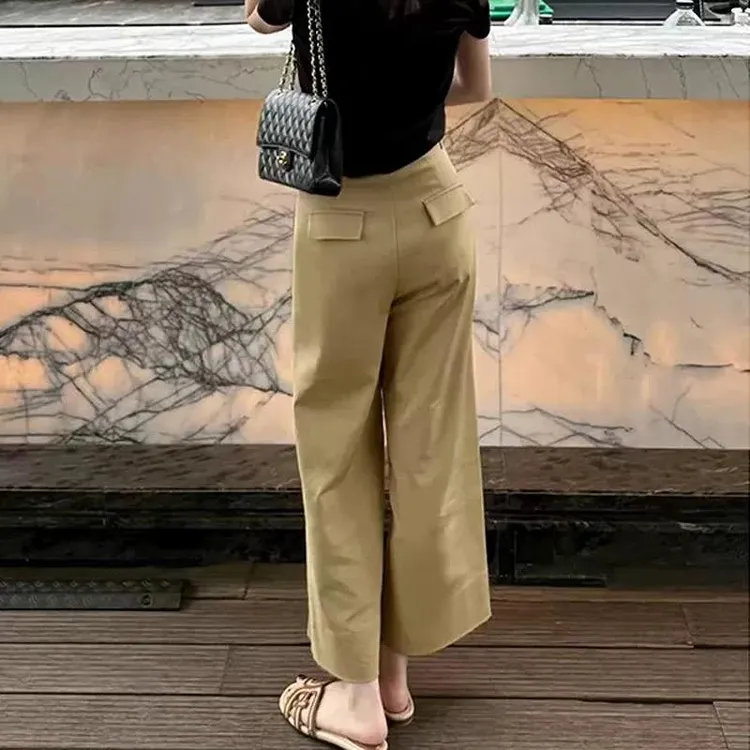 [现货+运费险】卡其色高腰直筒阔腿休闲裤显瘦身材小个子长裤