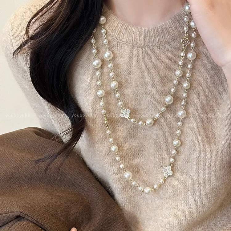 铜合金项链 小香风双层叠戴珍珠项链女2025秋冬高级感长款毛衣链