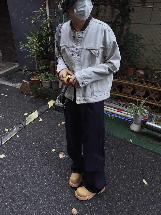 A1MP古着vintage原牛拼接毛边棒球领牛仔外套美式休闲短宽款夹克