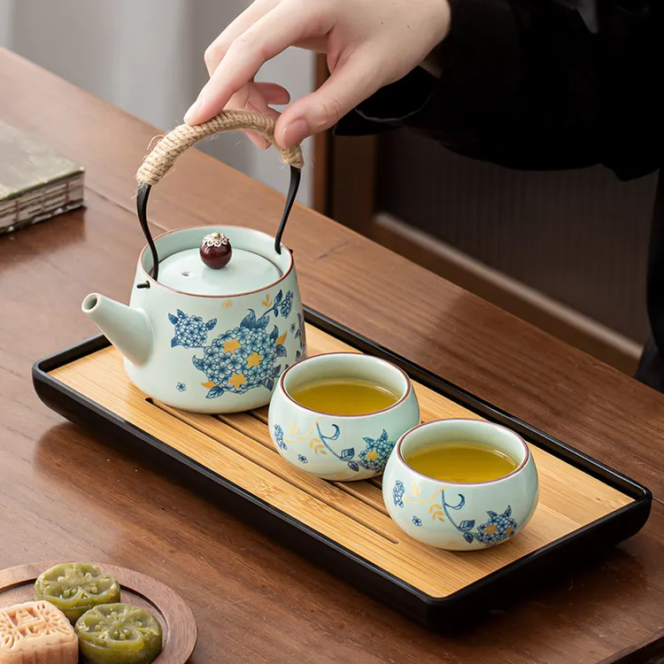 宿舍酒店家用喝茶2-4人茶壶盖碗茶杯天青汝窑功夫茶具茶盘小套组