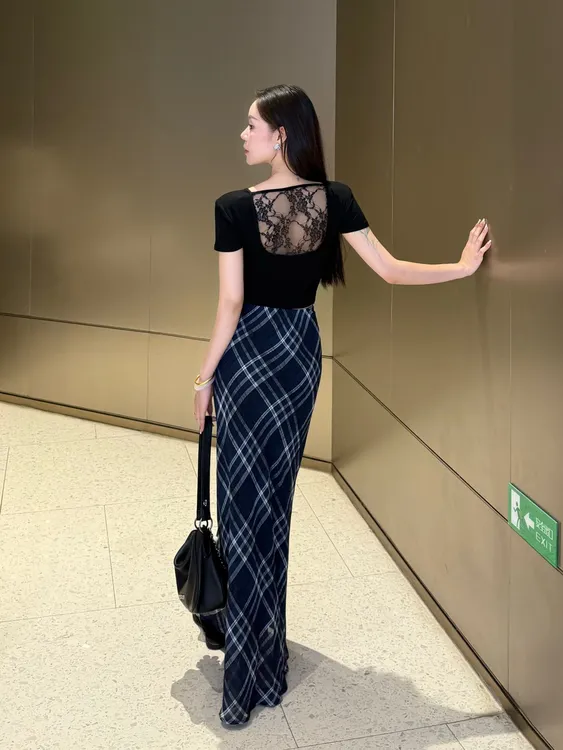 （蓝调格纹）夏季新款复古气质百搭显瘦高腰A字半身长裙