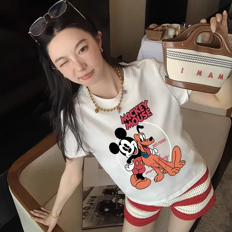 米奇卡通t夏季纯棉短袖t恤2026新韩版洋气大码女装上衣百搭情侣装
