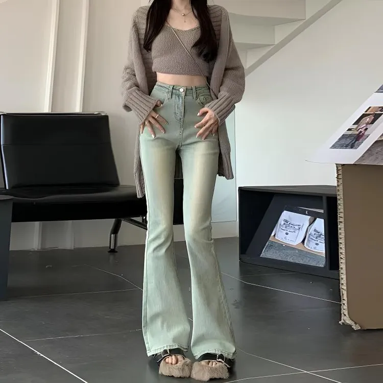 高个子牛仔阔腿裤夏季复古美式高腰女士牛仔裤弹力显瘦喇叭裤辣妹