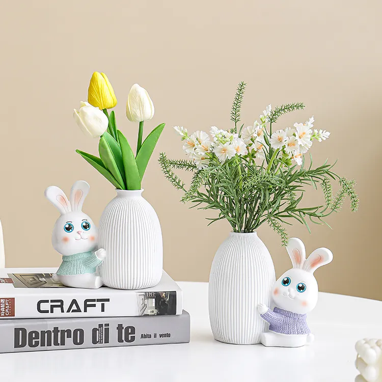 陶瓷兔子花瓶工艺品树脂花瓶摆件电视柜玄关装饰品干客厅插花