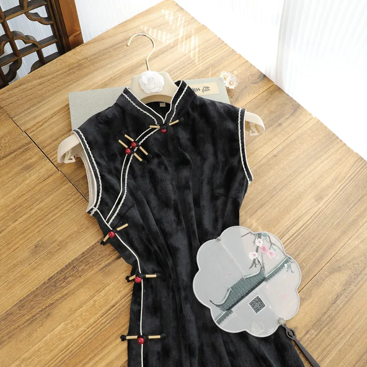 俏娘鱼黑色复古新中式无袖改良旗袍女2025秋季新款日常可穿老上海