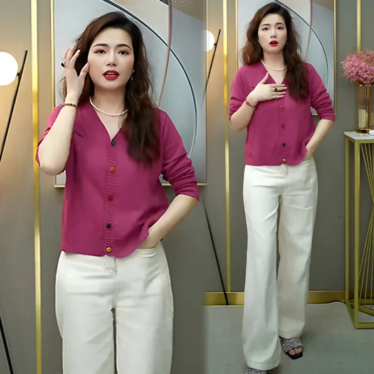 小个子休闲百搭长袖针织衫女2025年春秋新款单排扣显瘦v领上衣潮