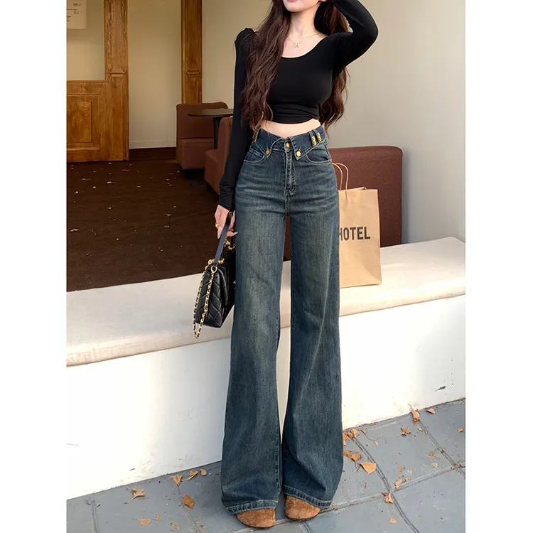 高腰翻边字母不贴腿微喇牛仔裤女2025秋季新款显高显瘦百搭拖地裤