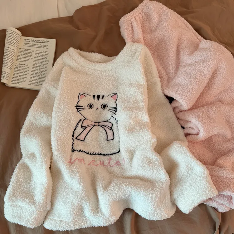 睡衣女秋冬季2025新款仿半边绒大码加厚珊瑚绒猫咪套装冬天家居服