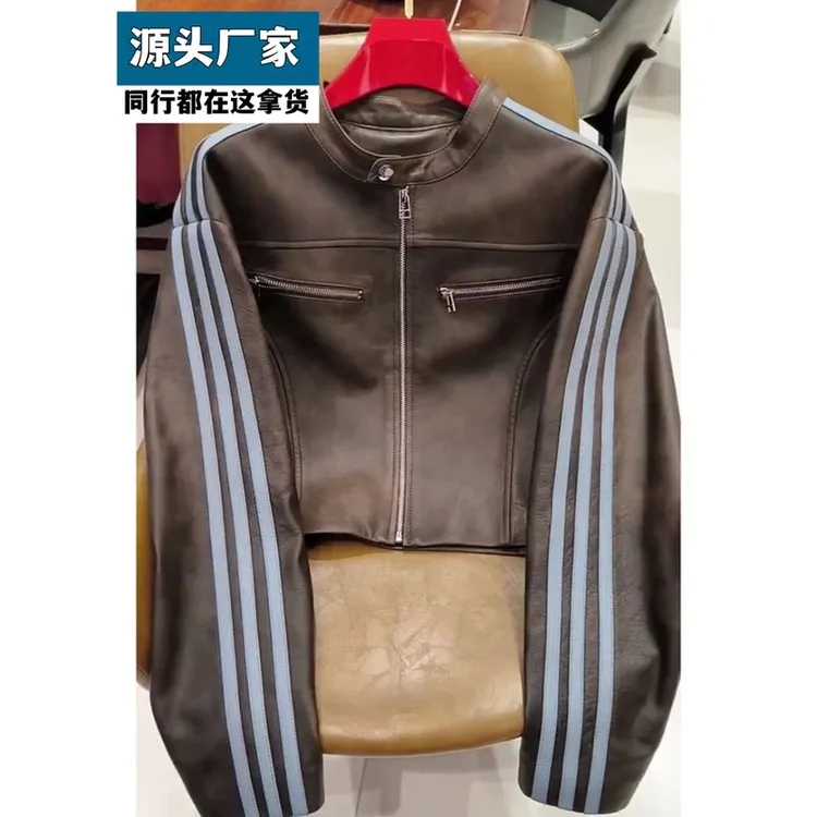 梵乐芬美式复古三条杠短款皮衣女学生韩版宽松秋季新款小个子休闲