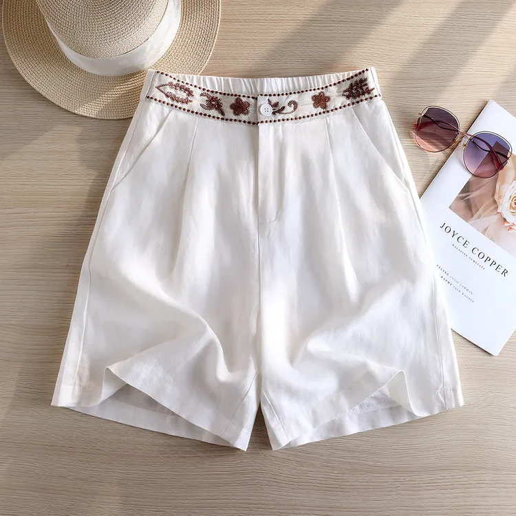 设计感高端白色亚麻阔腿裤女2025新款夏季薄款高腰刺绣五分短裤子