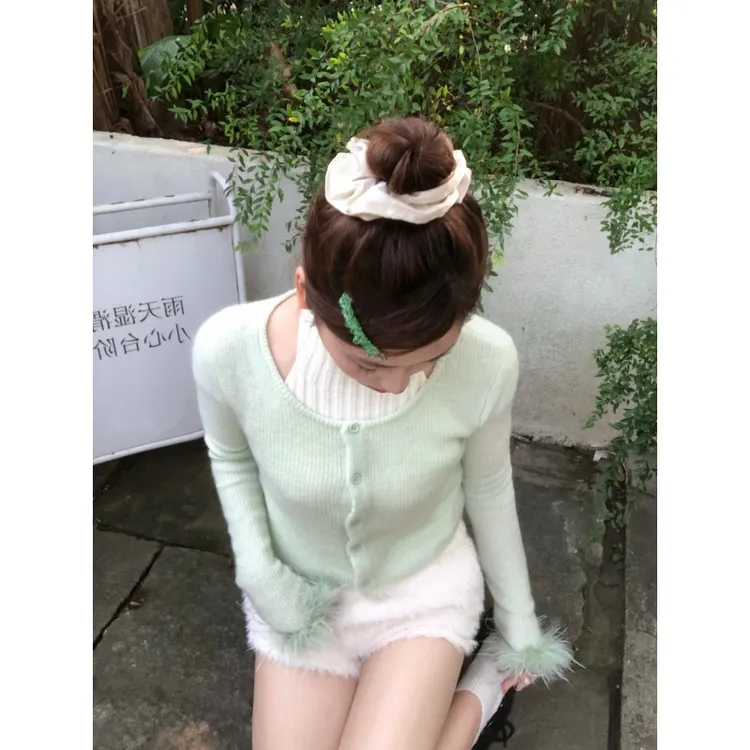 韩系设计感慵懒风软糯休闲百搭针织衫女高腰气质休闲显瘦短裤套装