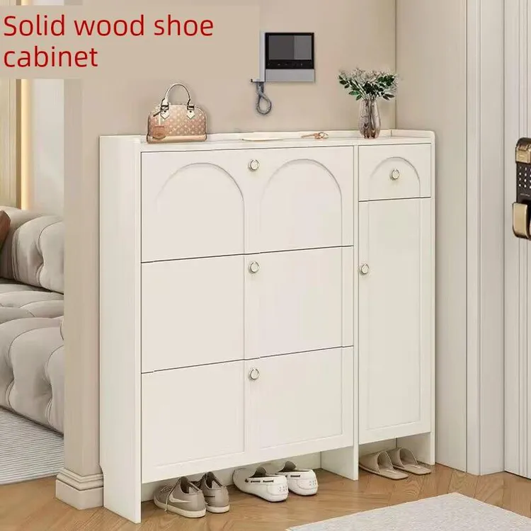 奶油风白实木鞋柜生态板硬木超薄大容量环保门口进门入户靠墙鞋架