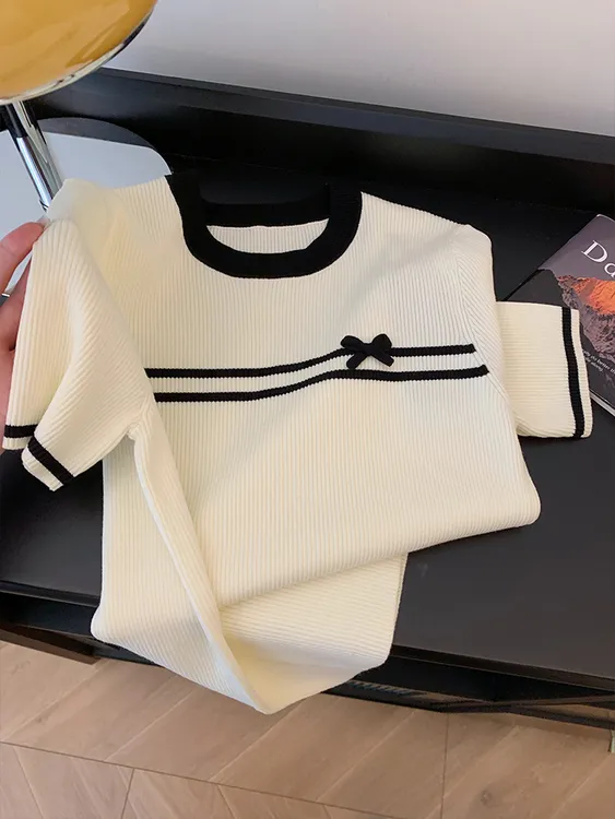 2025夏季蝴蝶结短袖针织衫上衣女修身正肩T恤显瘦内搭打底衫W1-79