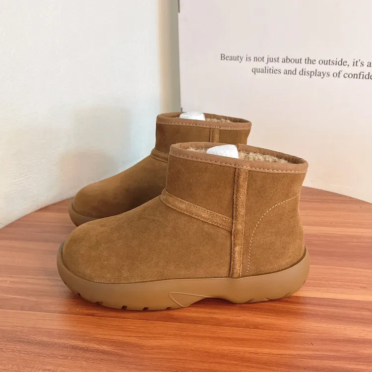 牛皮版~厚底短筒雪地靴保暖加绒爆款毛一体雪地靴棉鞋冬迪普短靴