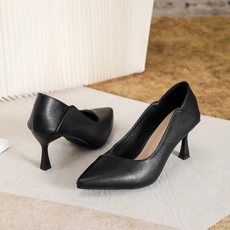 牛皮高跟鞋女细跟气质不累脚尖头工作鞋软皮软底舒适上班职业单鞋