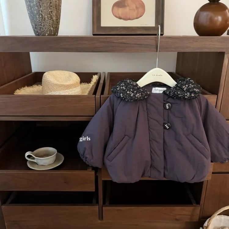 绝绝紫！韩版女宝碎花娃娃领2025新款加绒加厚棉服棉袄外套潮