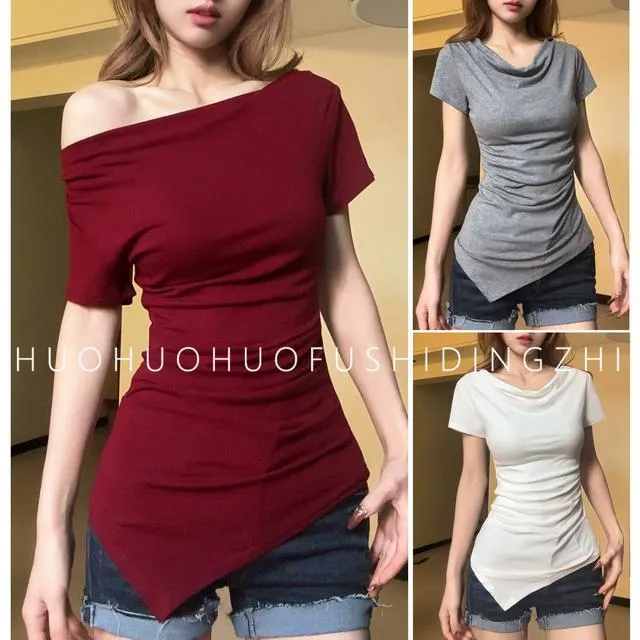 德国夏季新款荡领皱褶一字肩设计感短袖百搭上衣收腰显瘦性感桖