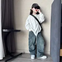 男女童春秋季潮酷时髦休闲不规则长袖卫衣T恤中大童牛仔工装裤潮