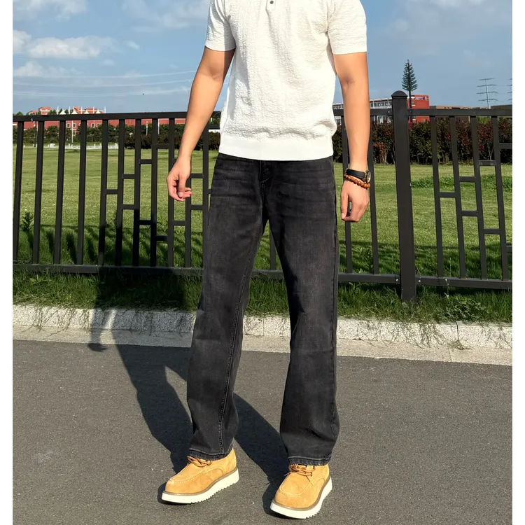 LINYU美式秋冬做旧水泥黑微弹力水洗牛仔裤男士合身直筒百搭长裤