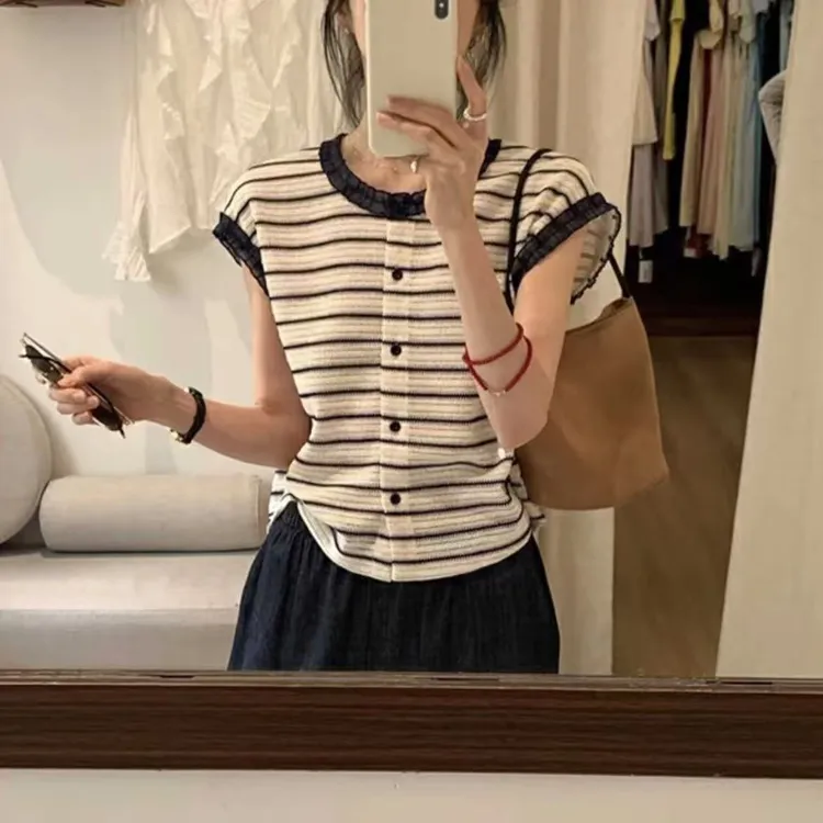 韩系纹理质感条纹撞色花边衬衣小衫女甜美温柔风气质上衣夏季