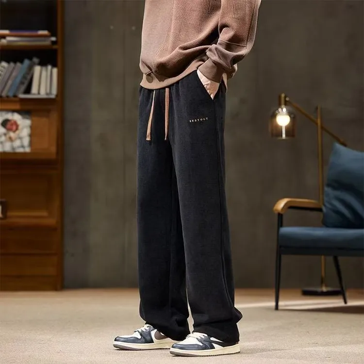 港风新款加绒纯色休闲裤宽松春秋冬直筒宽松长裤美式工装运动卫裤