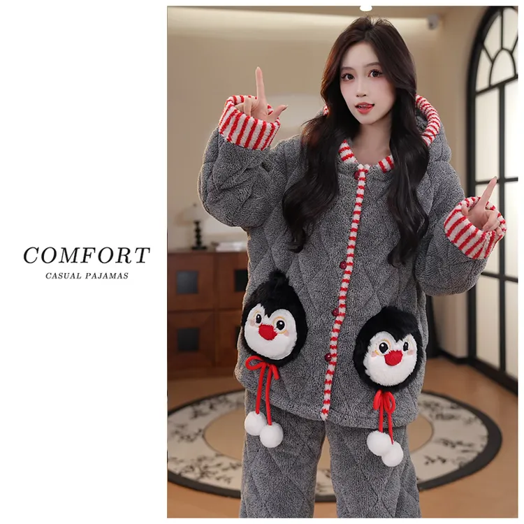 冬季三层夹棉加绒加厚珊瑚绒圣诞企鹅睡衣女套装保暖家居服可外穿