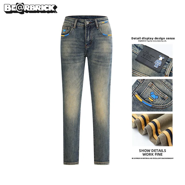 积木熊Be@rbrick【明星同款】手绘牛仔裤男秋冬新款修身高级感百搭