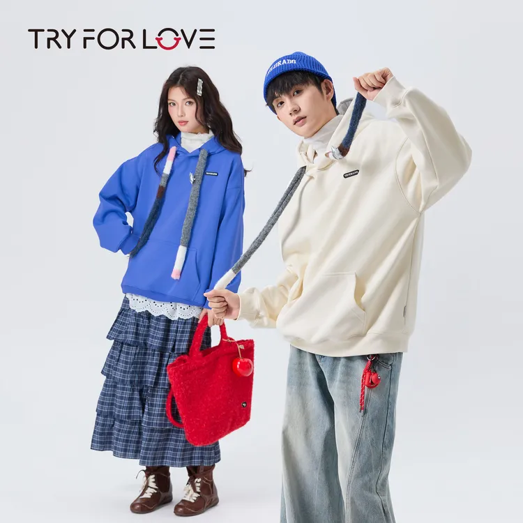 TRYFORLOVE秋冬新款纯色加厚加绒情侣卫衣连帽抽绳设计宽松外套