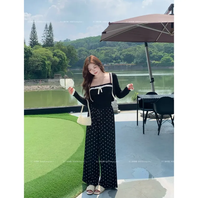 萌面侠芝士现货【搭配神器】波点长裤百搭老钱风女装5834流光风