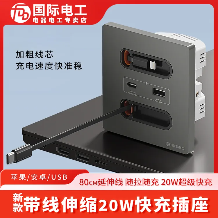 国际电工带充电线20W快充USB插座开关面板86型手机充电Type-c床头