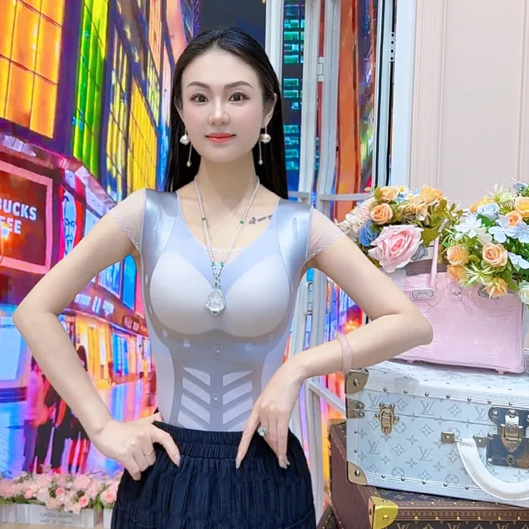 【花千骨-升级第三十八代】小飞袖蕾丝花边三粒扣强压收腹背心A3193