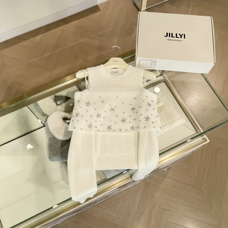 jillyi【水晶雪花】白色圆领满钻拼接千金气质时尚百搭针织衫