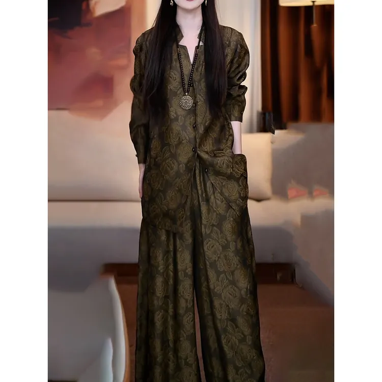 轻奢高级感印花显瘦裤套装女2025秋季新款休闲百搭长袖衬衫+裤子