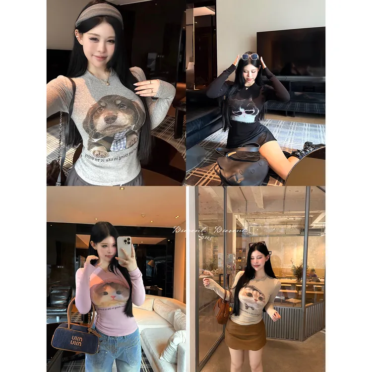 黑泽玄七 “萌宠T大集合3.0“秋冬印花长袖圆领微胖显瘦t恤上衣女