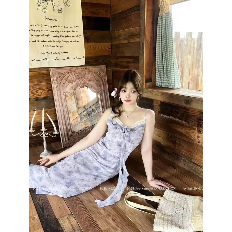 【紫藤梦】温与柔海边度假温柔风气质仙女碎花吊带连衣裙
