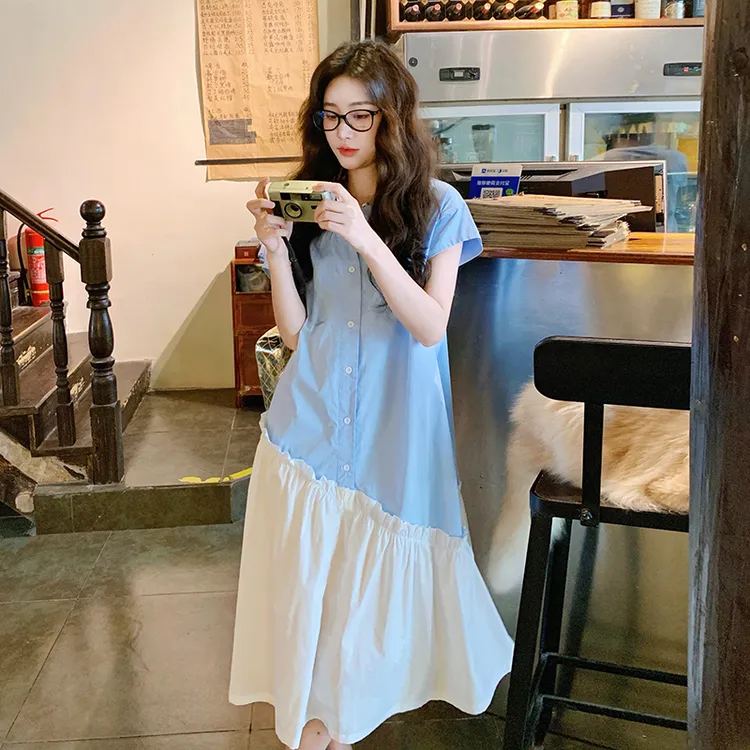 设计感撞色拼接衬衫连衣裙女夏季新款韩版宽松显瘦不规则拼接长裙