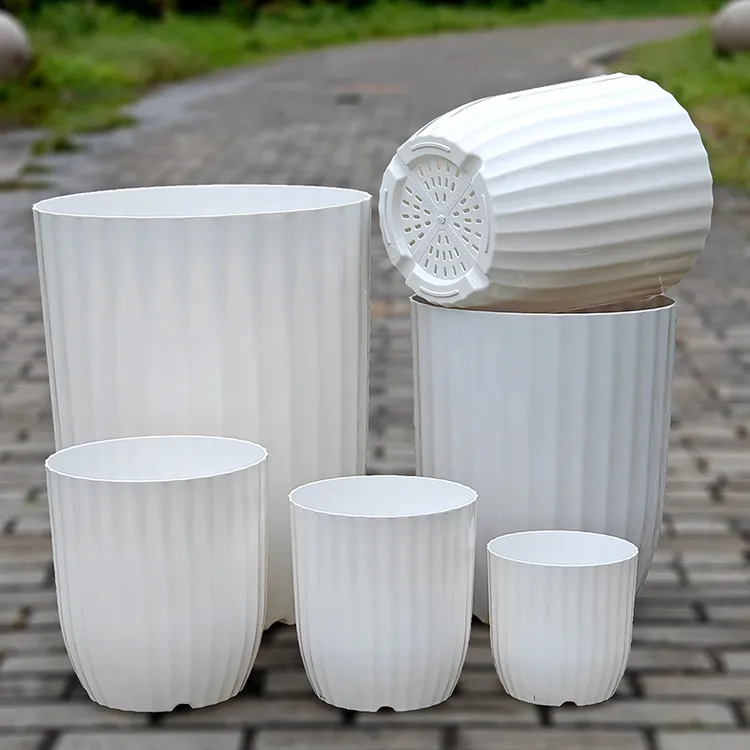 竖条纹花盆加厚超大阳台天堂鸟透气盆栽客厅简约仿陶瓷轻奢树脂盆