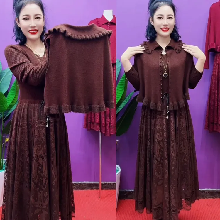 蕾丝套装连衣裙女士两件套秋冬季中年妈妈超好看配大衣毛衣打底裙