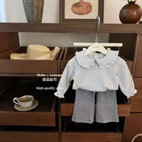 【甜品起司】原创！女宝宝荷叶领条纹娃娃衫灰色屁帘微喇裤洋气套装