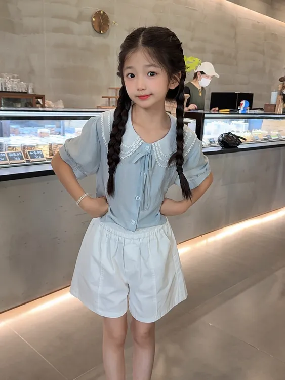 女童套装夏装2025新款儿童洋气学院风短袖衬衫短裤休闲两件套