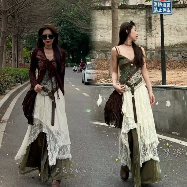 千禧风甜辣蝴蝶绑带上衣肌理复古开衫印花吊带开叉半身裙套装