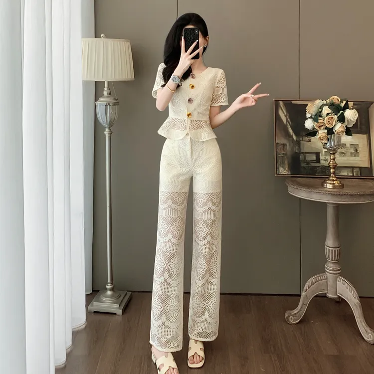 静奢风INS风高腰长裤提花御姐风时尚套装女夏季开衫阔腿裤两件套