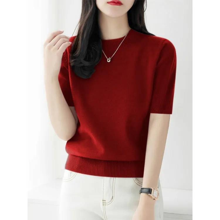 【店铺热销】高级法式圆领针织打底衫T恤夏装2025新款修身短款酒