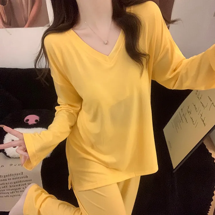 带胸垫睡衣女款春秋季彩棉长袖慵懒风柠檬黄打底v领两件套家居服