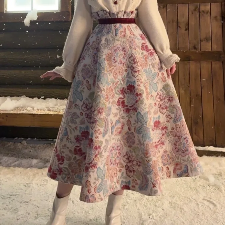 现货【一生罗曼】法式复古提花半身裙秋冬高级撞色显瘦a字裙子B982