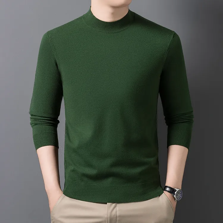 春竹男士秋冬半高领修身纯羊毛衫针织潮流衫轻奢高档保暖打底衫